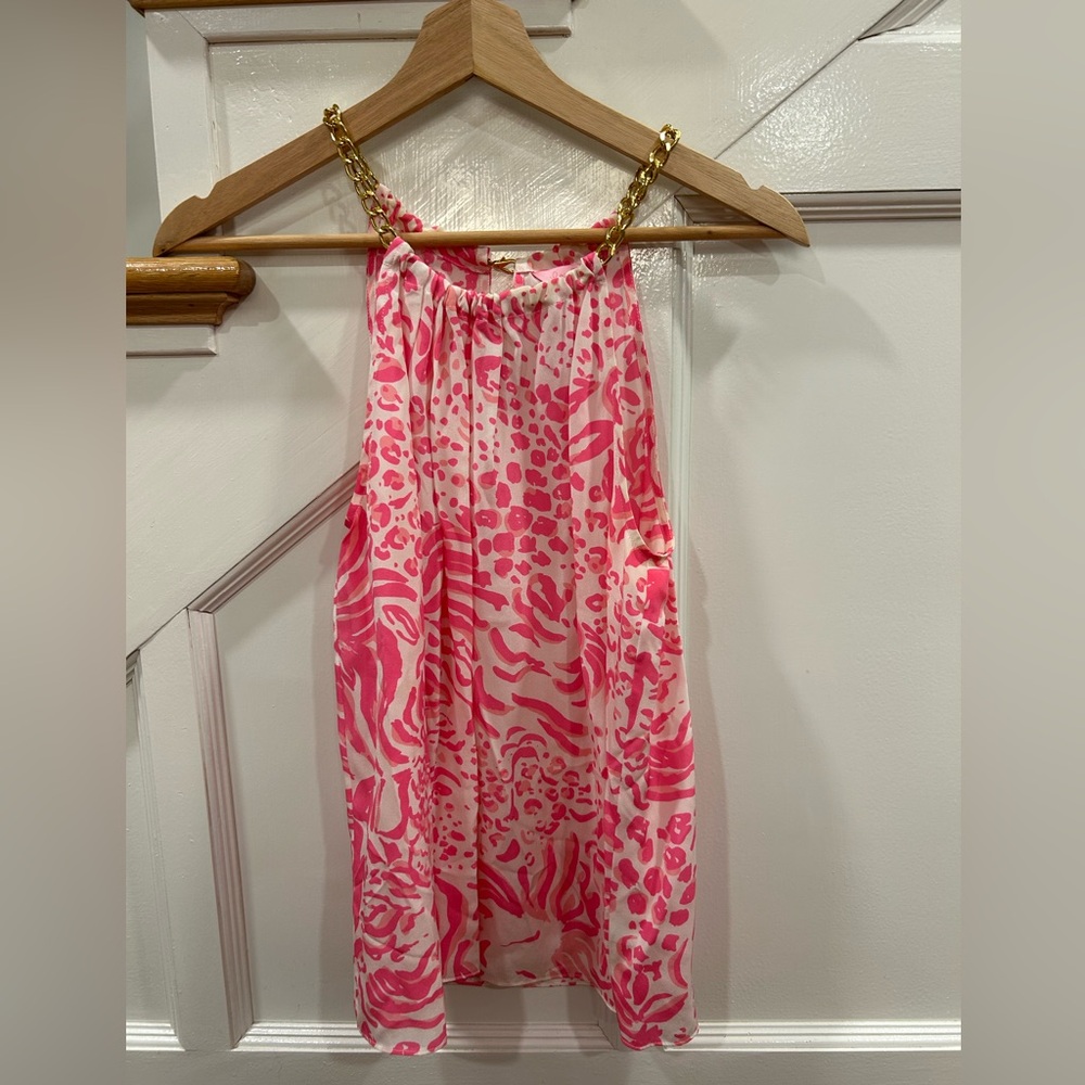 Lilly Pulitzer 100% Silk Riviera Tank Top Resort Pink White Gold Chain Size S